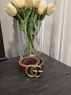 GG GUCCI Logo Brown Leather Belt with Gold Buckle